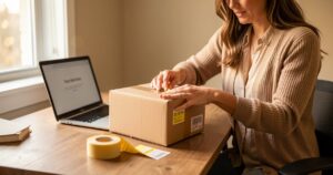 Retours et remboursements en dropshipping : la procédure qui protège votre marge Préparation d'un colis retour dans un bureau à domicile