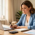 Assistante virtuelle freelance travaillant a son bureau avec ordinateur et documents