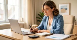 Tarif assistant virtuel freelance : combien ça coûte vraiment ? Assistante virtuelle freelance travaillant a son bureau avec ordinateur et documents