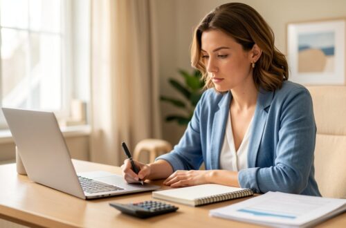 Assistante virtuelle freelance travaillant a son bureau avec ordinateur et documents