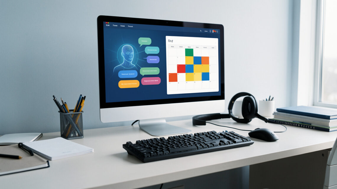 Espace de télésecrétariat moderne avec ordinateur affichant une interface abstraite d’assistant IA, une messagerie visuelle et un agenda organisé.