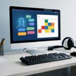 Espace de télésecrétariat moderne avec ordinateur affichant une interface abstraite d’assistant IA, une messagerie visuelle et un agenda organisé.