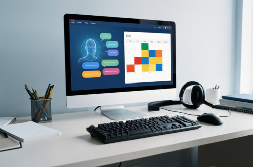 Espace de télésecrétariat moderne avec ordinateur affichant une interface abstraite d’assistant IA, une messagerie visuelle et un agenda organisé.