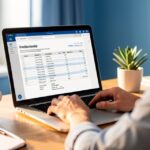 Auto-entrepreneur editant une facture sur son ordinateur portable a domicile