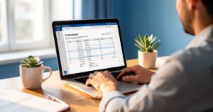 Auto-entrepreneur editant une facture sur son ordinateur portable a domicile