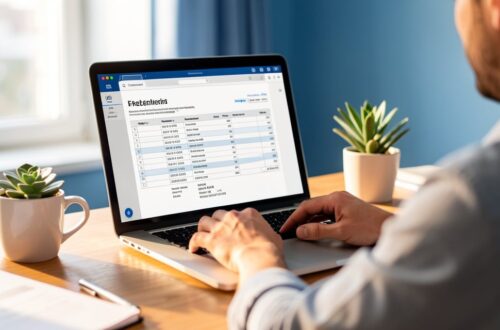 Auto-entrepreneur editant une facture sur son ordinateur portable a domicile