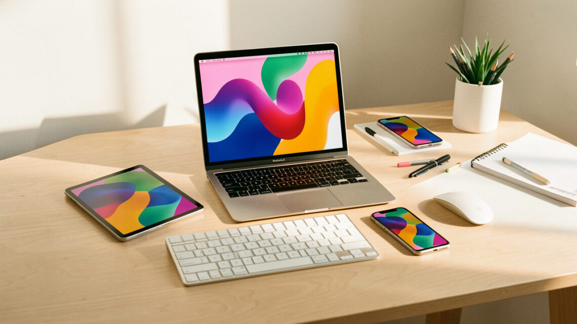 Bureau moderne avec ordinateur portable, tablette, smartphone et accessoires de travail collaboratif disposés sur une surface claire.