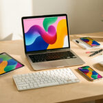 Bureau moderne avec ordinateur portable, tablette, smartphone et accessoires de travail collaboratif disposés sur une surface claire.