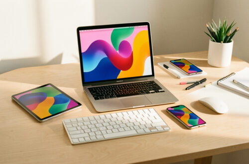 Bureau moderne avec ordinateur portable, tablette, smartphone et accessoires de travail collaboratif disposés sur une surface claire.
