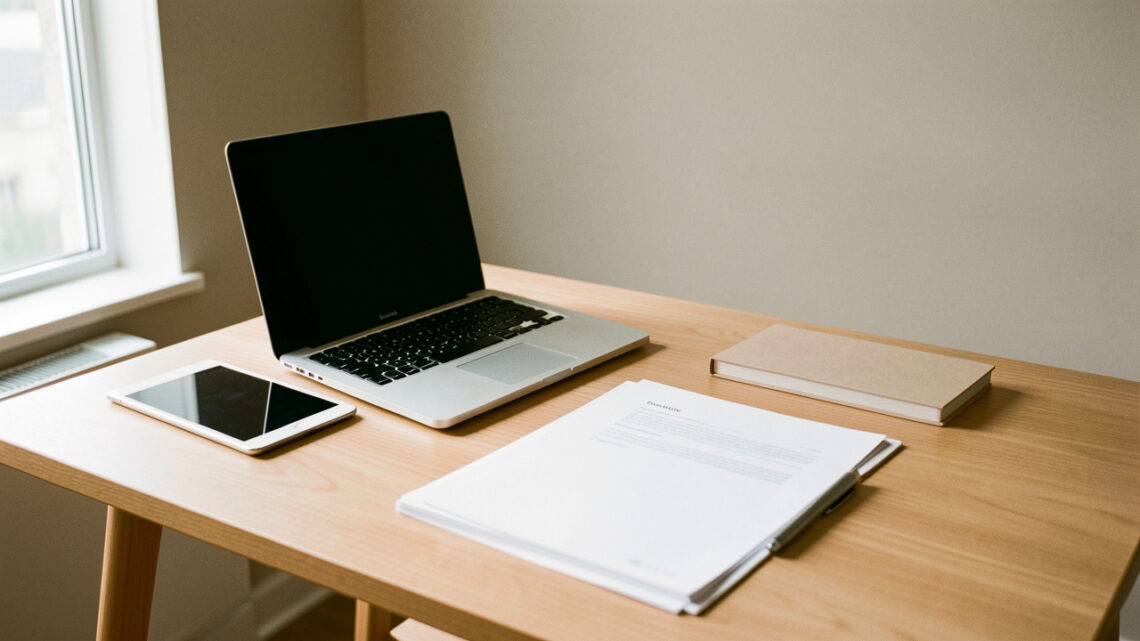 Bureau moderne de petite entreprise avec ordinateur portable, tablette, documents vierges et agenda, éclairé par la lumière naturelle.