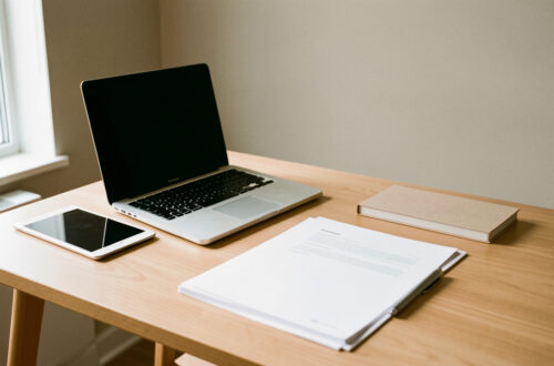 Bureau moderne de petite entreprise avec ordinateur portable, tablette, documents vierges et agenda, éclairé par la lumière naturelle.