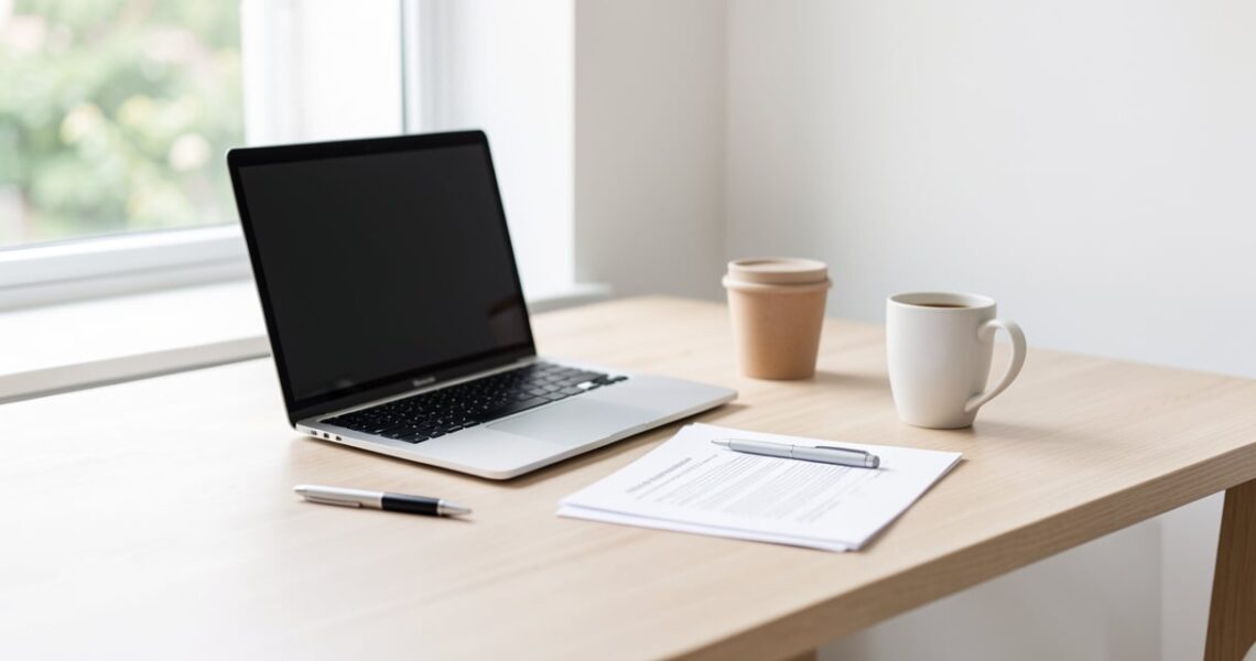 Bureau à domicile avec ordinateur portable et document imprimé posé sur la table