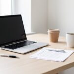 Bureau à domicile avec ordinateur portable et document imprimé posé sur la table