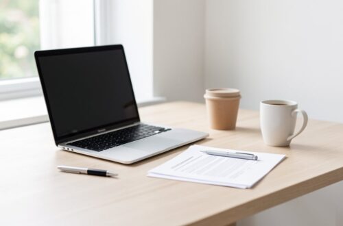 Bureau à domicile avec ordinateur portable et document imprimé posé sur la table