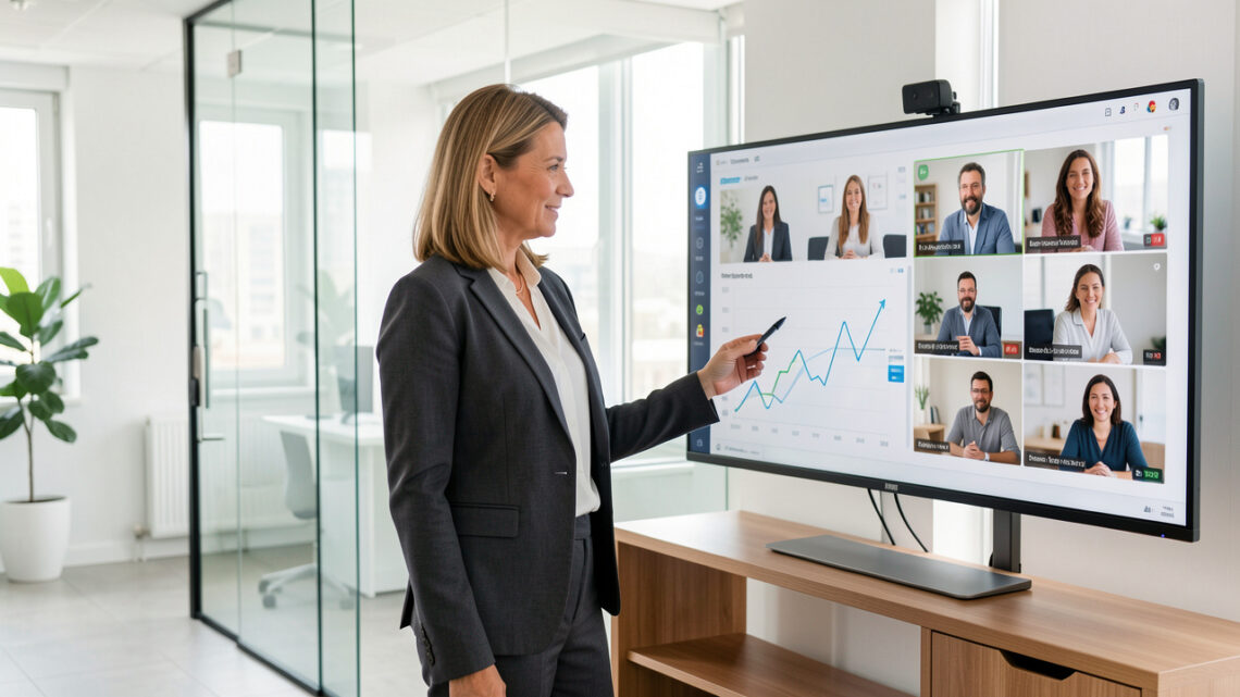 Une dirigeante de PME examine un tableau de bord numérique dans un bureau moderne et lumineux, tandis que son équipe distante apparaît en visioconférence sur un écran.