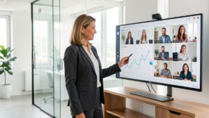 Outils numériques pour piloter une PME à distance Une dirigeante de PME examine un tableau de bord numérique dans un bureau moderne et lumineux, tandis que son équipe distante apparaît en visioconférence sur un écran.