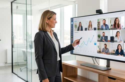 Une dirigeante de PME examine un tableau de bord numérique dans un bureau moderne et lumineux, tandis que son équipe distante apparaît en visioconférence sur un écran.