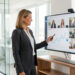 Une dirigeante de PME examine un tableau de bord numérique dans un bureau moderne et lumineux, tandis que son équipe distante apparaît en visioconférence sur un écran.