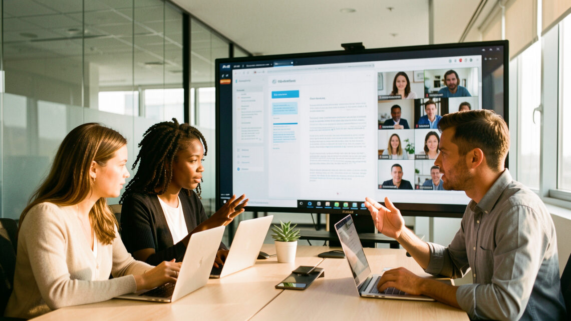 Une équipe de PME composée de deux femmes et deux hommes collabore autour d’ordinateurs et d’un grand écran dans un bureau moderne, avec des interfaces numériques abstraites et une visioconférence.