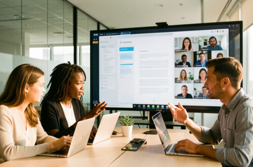 Une équipe de PME composée de deux femmes et deux hommes collabore autour d’ordinateurs et d’un grand écran dans un bureau moderne, avec des interfaces numériques abstraites et une visioconférence.
