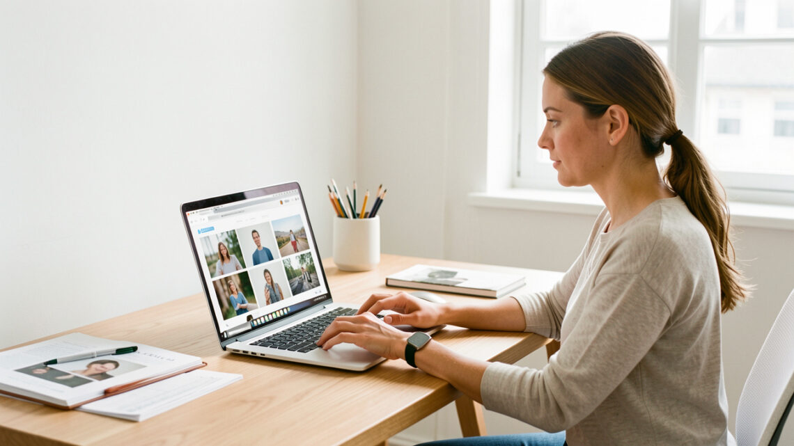 Une femme freelance organise des photos professionnelles sur un ordinateur portable dans un bureau lumineux, sobre et bien rangé.
