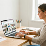 Une femme freelance organise des photos professionnelles sur un ordinateur portable dans un bureau lumineux, sobre et bien rangé.