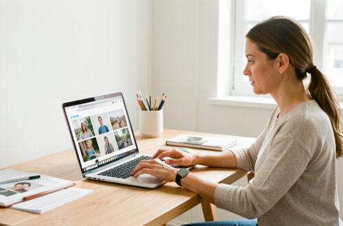 Une femme freelance organise des photos professionnelles sur un ordinateur portable dans un bureau lumineux, sobre et bien rangé.