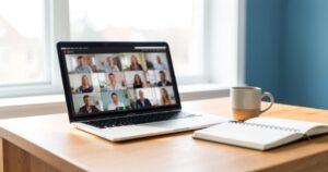 Meilleure solution SaaS de gestion d'équipe à distance : Slack, Teams, Basecamp ou Linear ? Bureau à domicile avec ordinateur portable ouvert sur une visioconférence d'équipe