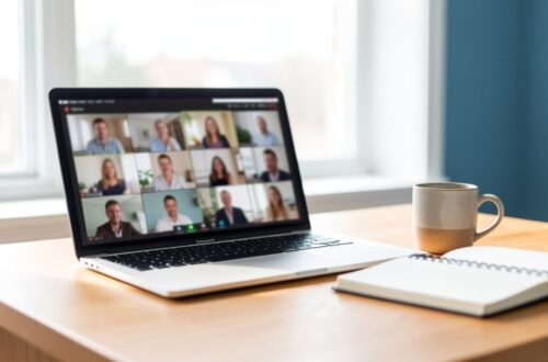 Bureau à domicile avec ordinateur portable ouvert sur une visioconférence d'équipe