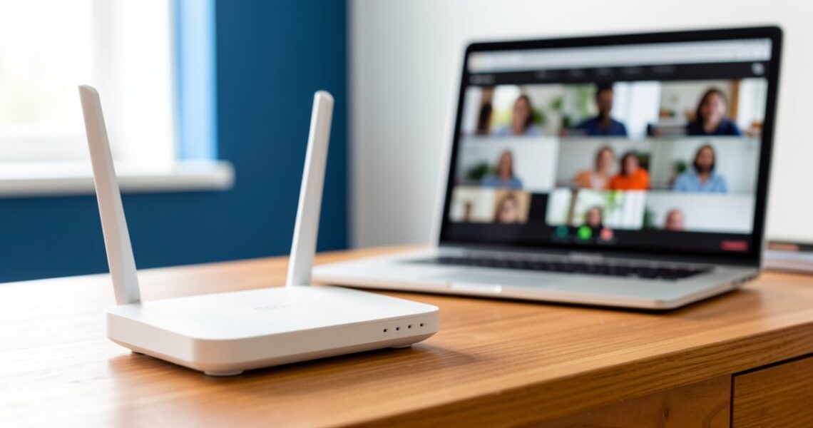 Routeur WiFi 6 posé sur un bureau de télétravail à domicile