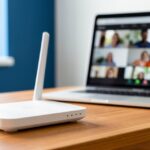 Routeur WiFi 6 posé sur un bureau de télétravail à domicile