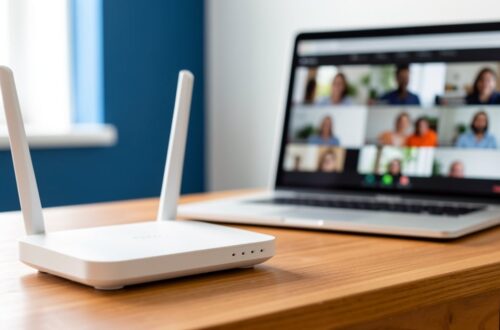 Routeur WiFi 6 posé sur un bureau de télétravail à domicile