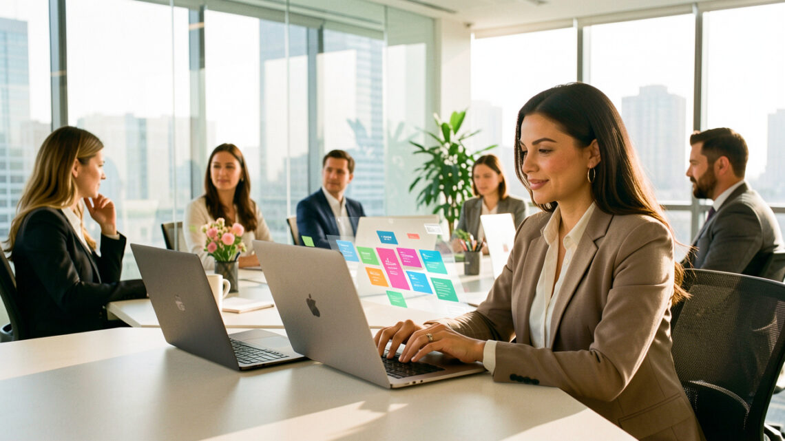 Une dirigeante de petite entreprise travaille sur un ordinateur portable dans un bureau moderne et lumineux, avec une équipe visible en visioconférence et un tableau de tâches numérique abstrait.