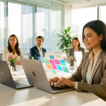 Une dirigeante de petite entreprise travaille sur un ordinateur portable dans un bureau moderne et lumineux, avec une équipe visible en visioconférence et un tableau de tâches numérique abstrait.