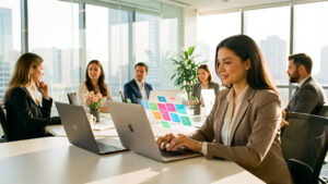 Outils collaboratifs pour TPE : gagner du temps sans complexifier l’organisation Une dirigeante de petite entreprise travaille sur un ordinateur portable dans un bureau moderne et lumineux, avec une équipe visible en visioconférence et un tableau de tâches numérique abstrait.