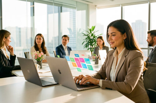 Une dirigeante de petite entreprise travaille sur un ordinateur portable dans un bureau moderne et lumineux, avec une équipe visible en visioconférence et un tableau de tâches numérique abstrait.