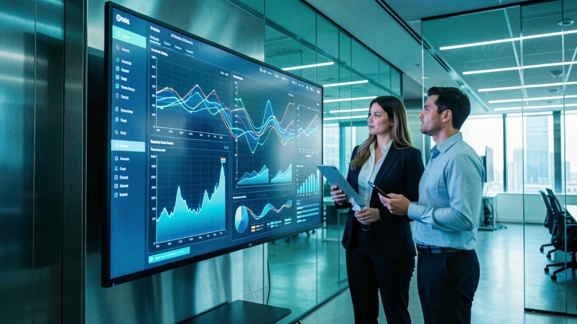 Équipe commerciale composée de deux femmes et d’un homme devant un tableau de bord numérique lumineux dans un bureau high-tech moderne.