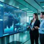 Équipe commerciale composée de deux femmes et d’un homme devant un tableau de bord numérique lumineux dans un bureau high-tech moderne.