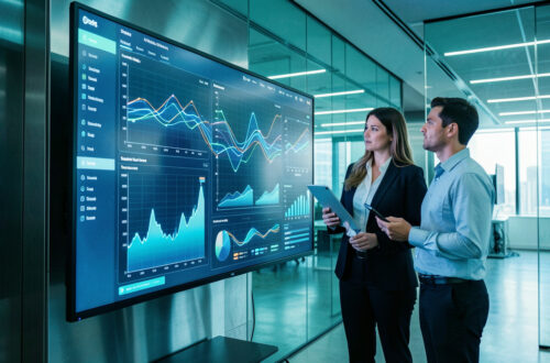 Équipe commerciale composée de deux femmes et d’un homme devant un tableau de bord numérique lumineux dans un bureau high-tech moderne.
