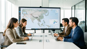 Lancement produit high-tech en Asie du Sud-Est : 7 leviers à préparer Équipe technologique internationale composée de deux femmes et deux hommes analysant une carte sans texte de l’Asie du Sud-Est sur de grands écrans dans un bureau moderne et lumineux.