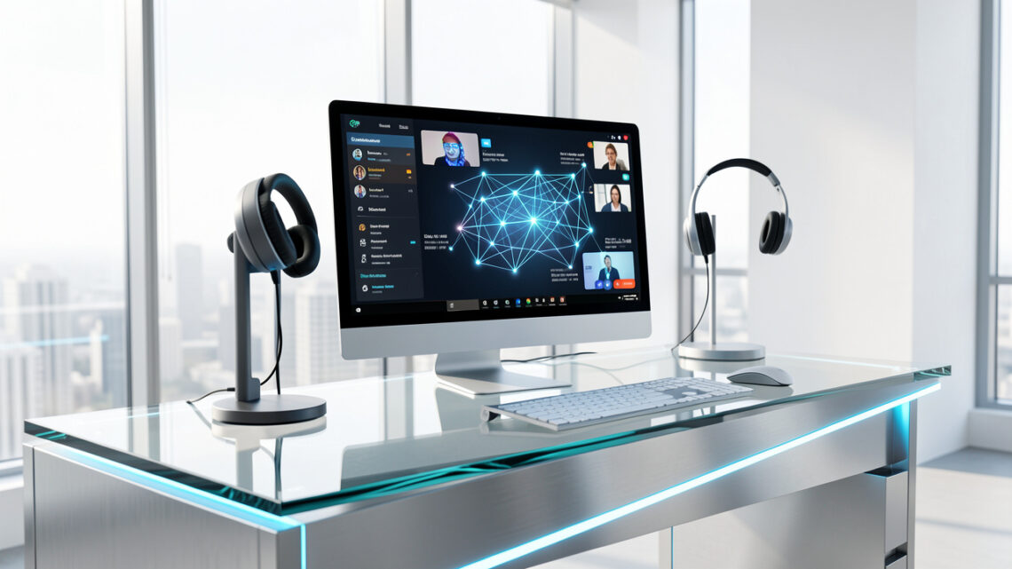 Espace de travail moderne et lumineux avec ordinateur, webcam, casque audio et éléments abstraits évoquant la collaboration et la visioconférence.