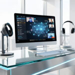 Espace de travail moderne et lumineux avec ordinateur, webcam, casque audio et éléments abstraits évoquant la collaboration et la visioconférence.