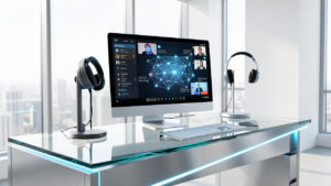 Espace de travail moderne et lumineux avec ordinateur, webcam, casque audio et éléments abstraits évoquant la collaboration et la visioconférence.