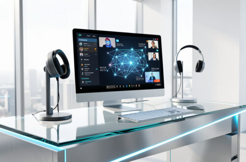 Espace de travail moderne et lumineux avec ordinateur, webcam, casque audio et éléments abstraits évoquant la collaboration et la visioconférence.