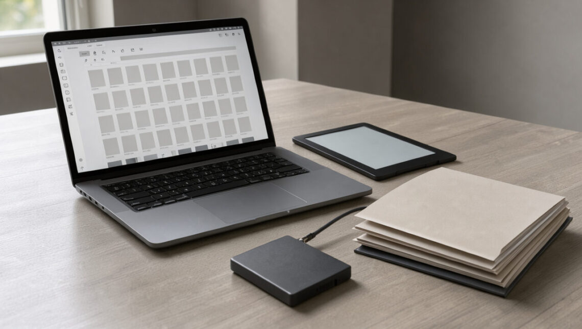 Ordinateur portable affichant une bibliothèque numérique, accompagné d’une liseuse, d’un disque dur externe et de dossiers de sauvegarde soigneusement rangés sur un bureau sobre.