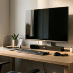 Bureau de télétravail moderne avec grand écran, barre de son compacte, ordinateur portable et lumière naturelle.