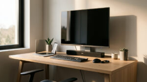 Bureau de télétravail moderne avec grand écran, barre de son compacte, ordinateur portable et lumière naturelle.