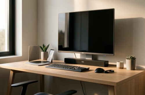 Bureau de télétravail moderne avec grand écran, barre de son compacte, ordinateur portable et lumière naturelle.