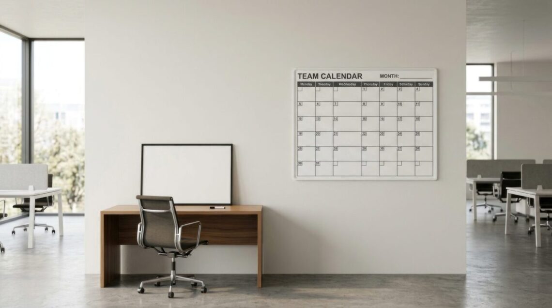 Calendrier d’entreprise posé sur un bureau moderne avec un stylo et des documents professionnels.
