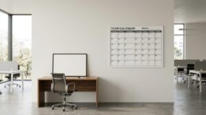 Calendrier entreprise : choisir un format utile à vos clients Calendrier d’entreprise posé sur un bureau moderne avec un stylo et des documents professionnels.
